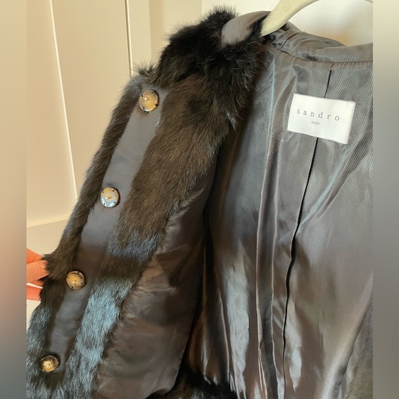 Sandro Size T2 Black Rabbit Hood Fur Coat - Picture 14 of 16